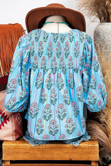 Floral Stripe Print Shirred Yoke Split Neck Blouse